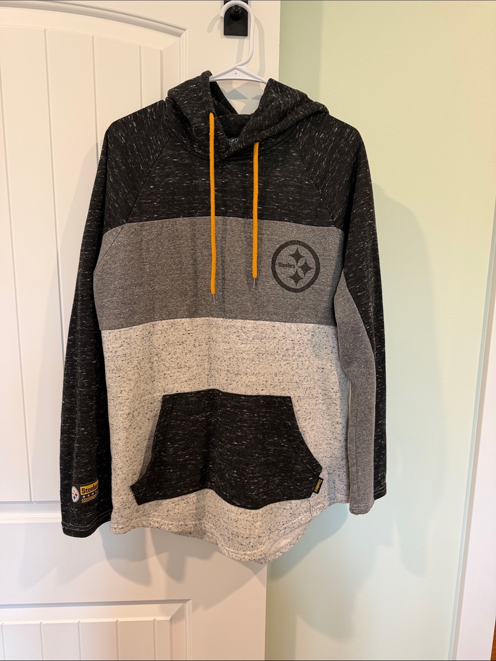 NFL Men's Colorblock Pullover Hoodie in Black, Gray & Gold Drawcords